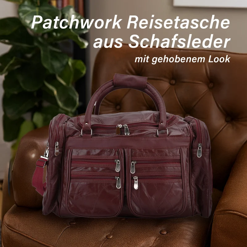 Patchwork-Reisetasche aus Schafleder mit 6 Außentaschen und Schulterriemen, 51x29x28 cm, Schwarz