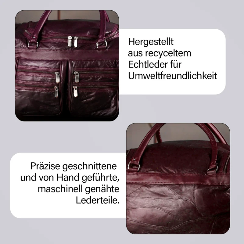 Patchwork-Reisetasche aus Schafleder mit 6 Außentaschen und Schulterriemen, 51x29x28 cm, Schwarz