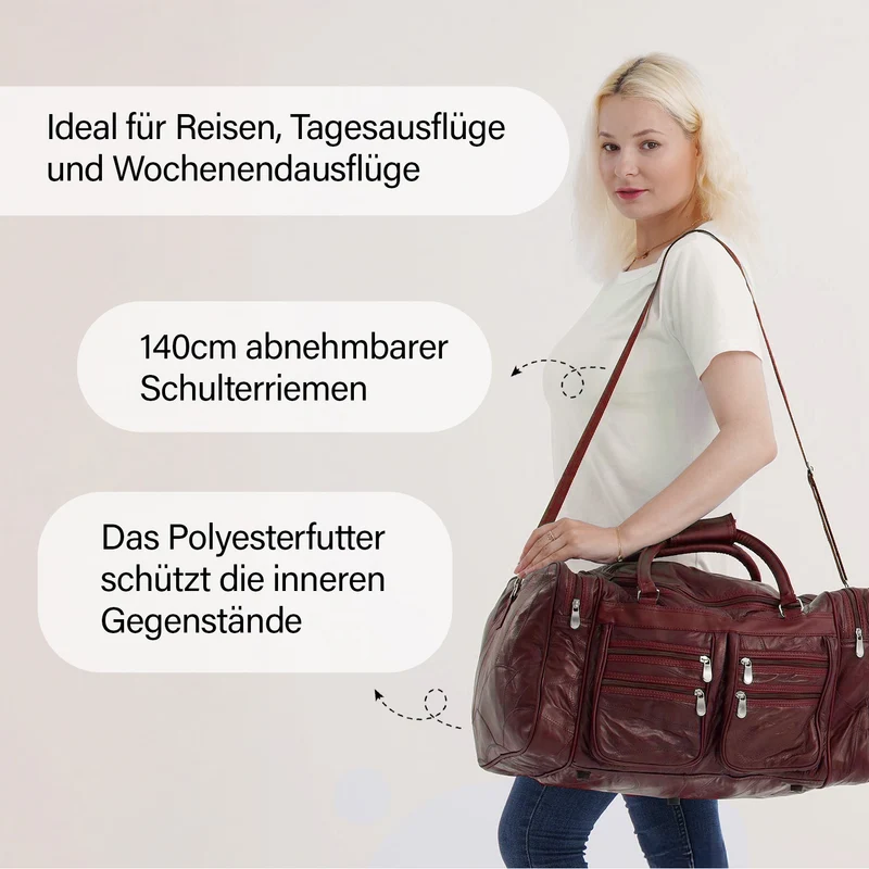 Patchwork-Reisetasche aus Schafleder mit 6 Außentaschen und Schulterriemen, 51x29x28 cm, Schwarz
