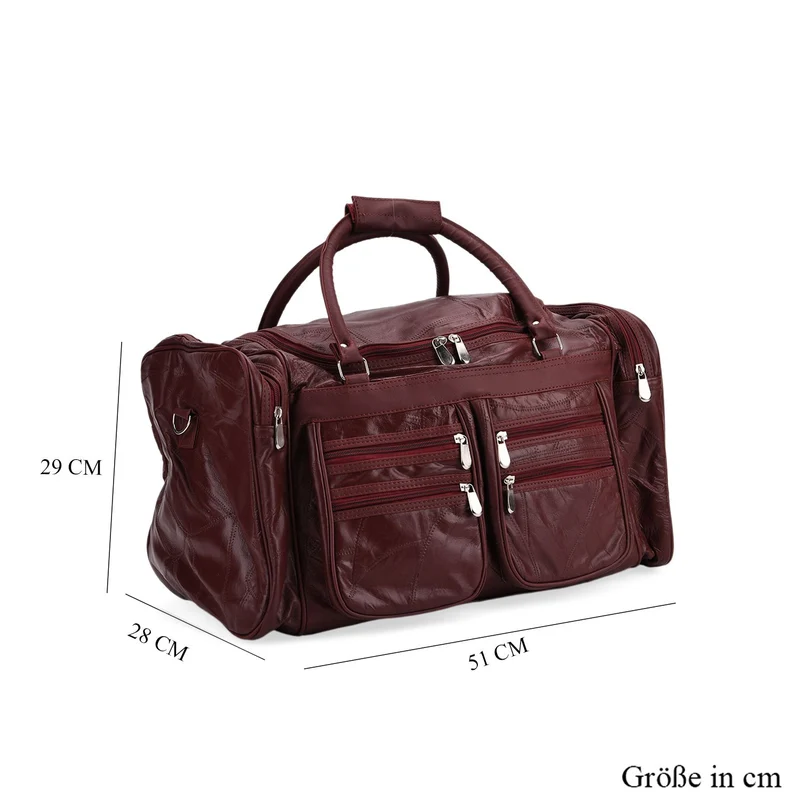 Patchwork-Reisetasche aus Schafleder mit 6 Außentaschen und Schulterriemen, 51x29x28 cm, Schwarz