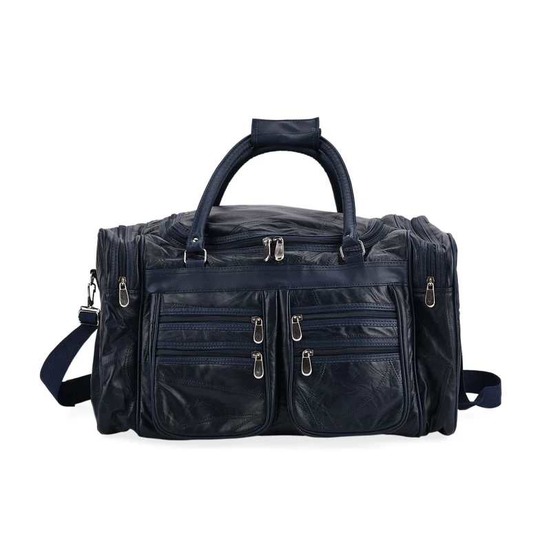 Patchwork-Reisetasche aus Schafleder mit 6 Außentaschen und Schulterriemen, 51x29x28 cm, Schwarz