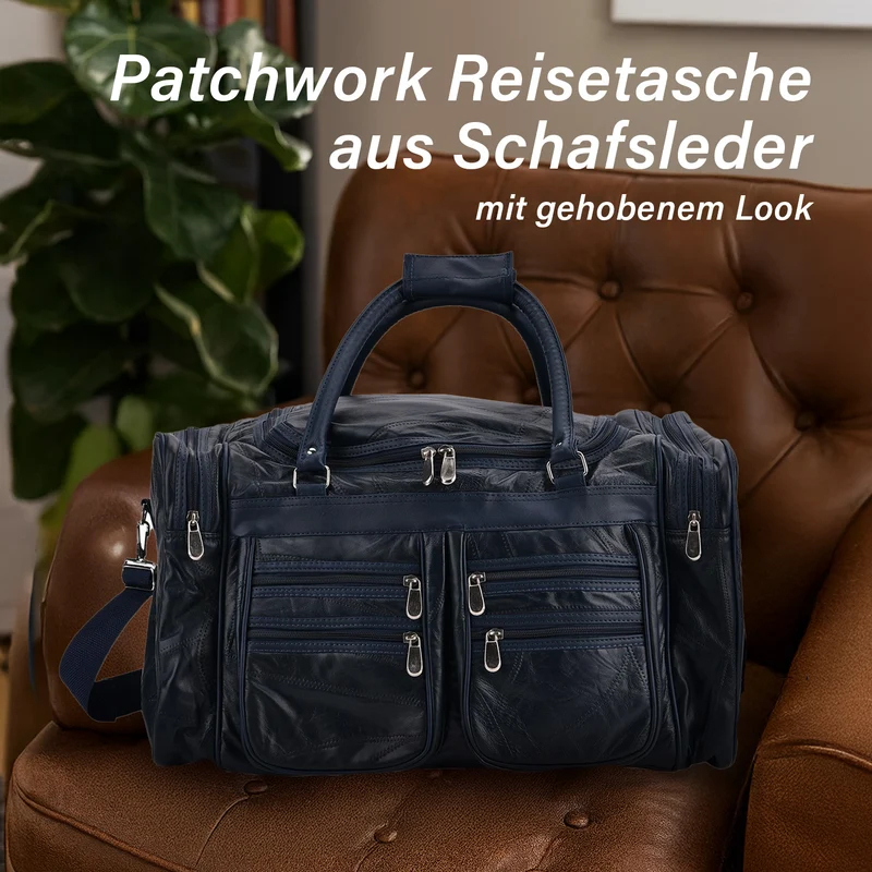 Patchwork-Reisetasche aus Schafleder mit 6 Außentaschen und Schulterriemen, 51x29x28 cm, Schwarz