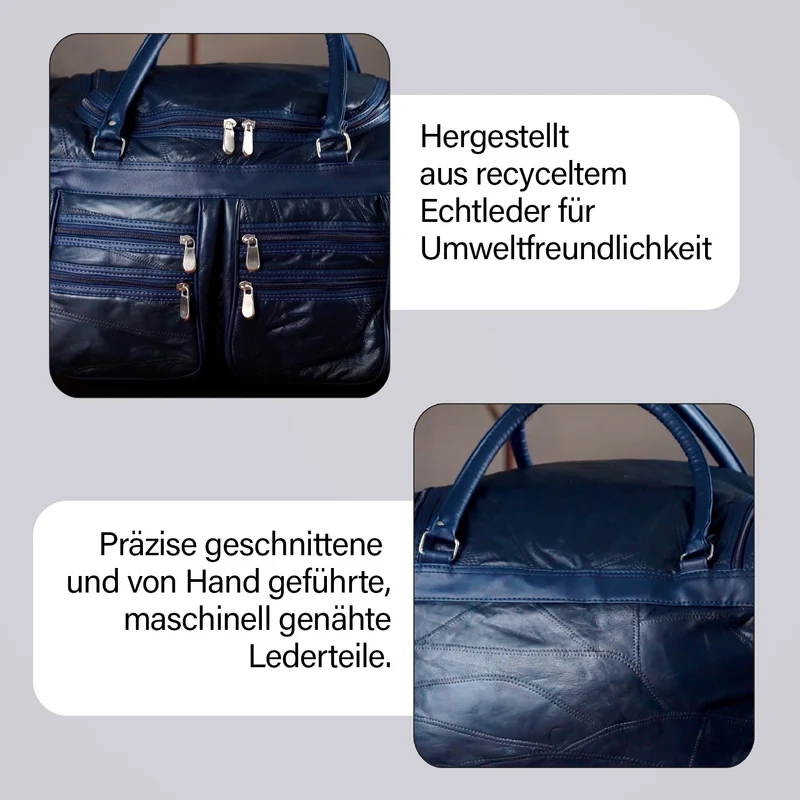 Patchwork-Reisetasche aus Schafleder mit 6 Außentaschen und Schulterriemen, 51x29x28 cm, Schwarz