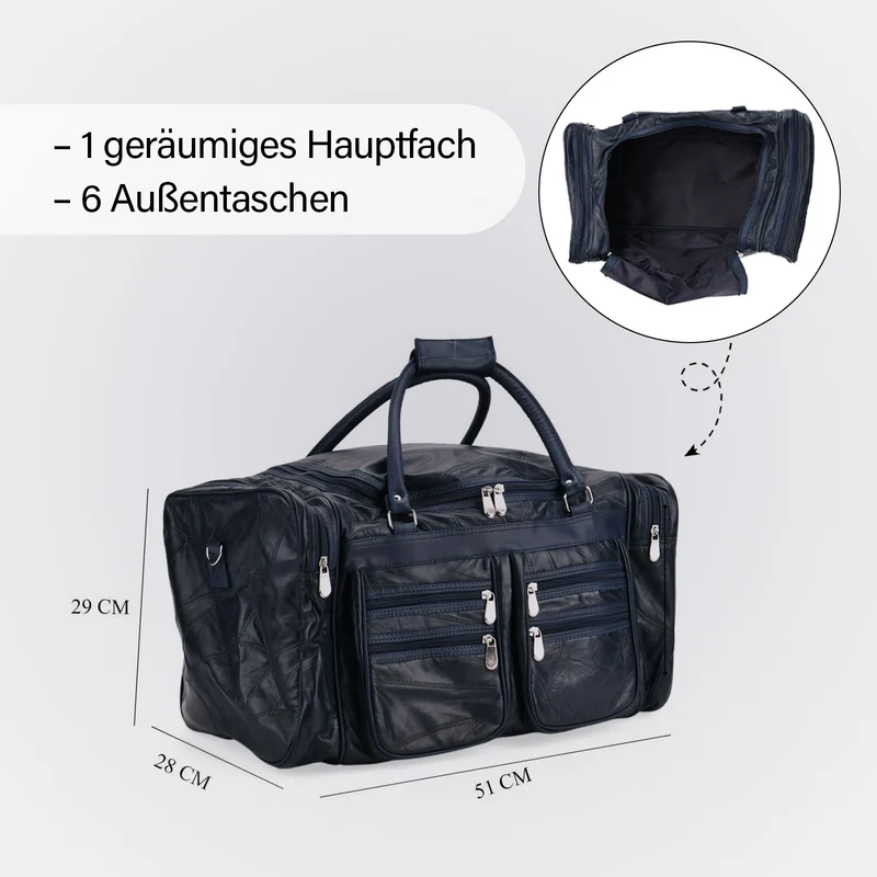 Patchwork-Reisetasche aus Schafleder mit 6 Außentaschen und Schulterriemen, 51x29x28 cm, Schwarz
