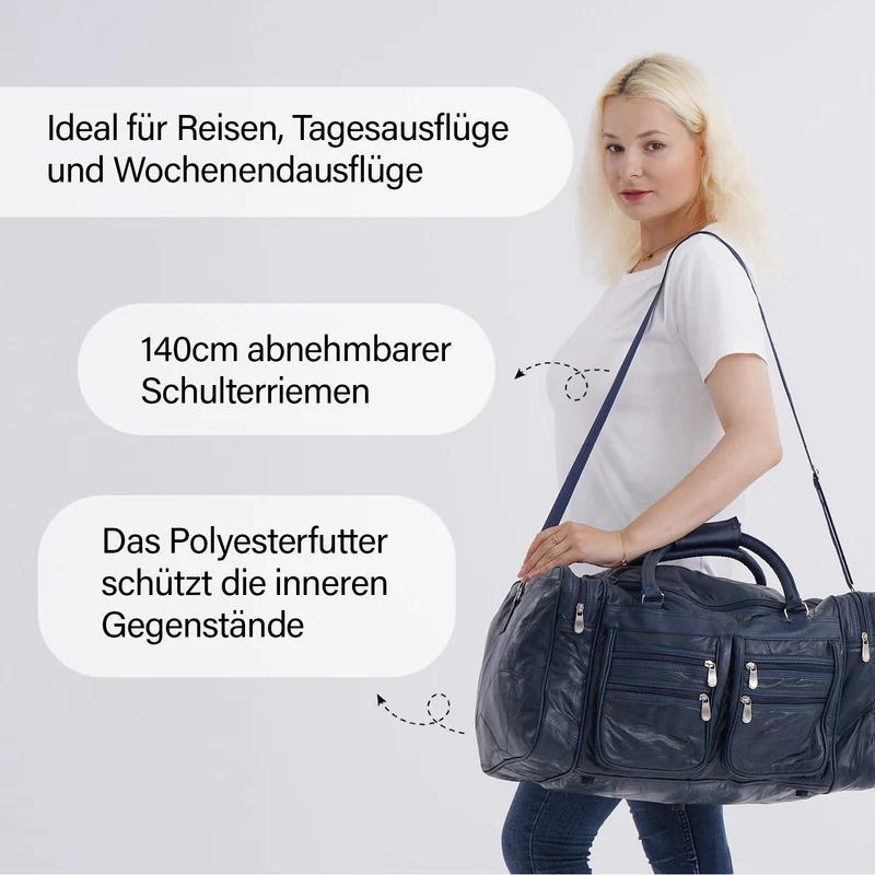 Patchwork-Reisetasche aus Schafleder mit 6 Außentaschen und Schulterriemen, 51x29x28 cm, Schwarz