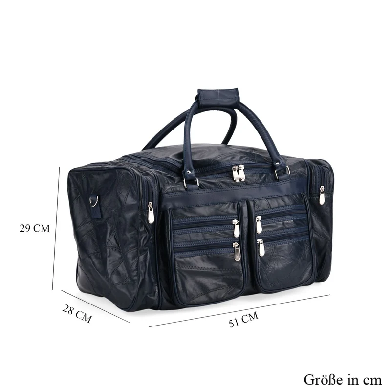 Patchwork-Reisetasche aus Schafleder mit 6 Außentaschen und Schulterriemen, 51x29x28 cm, Schwarz
