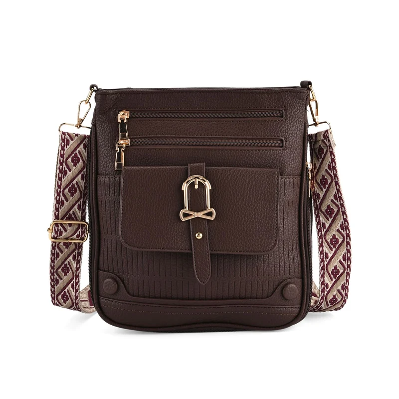 Elegante Umhängetasche aus feinem Lederimitat mit Mehrfachfächern, 24x27 cm, Cognacbraun