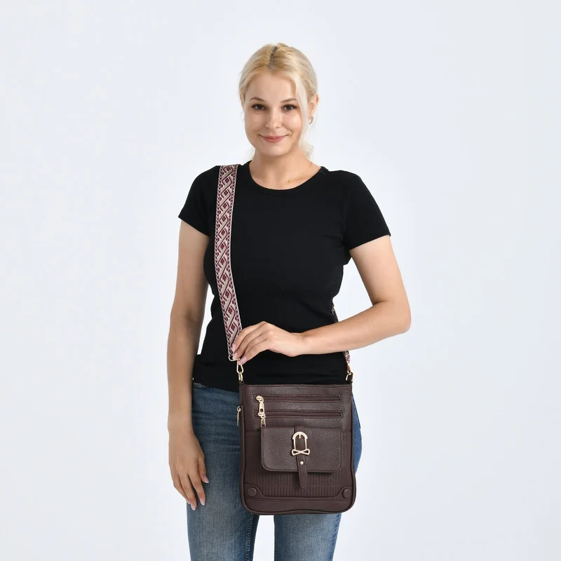 Elegante Umhängetasche aus feinem Lederimitat mit Mehrfachfächern, 24x27 cm, Cognacbraun