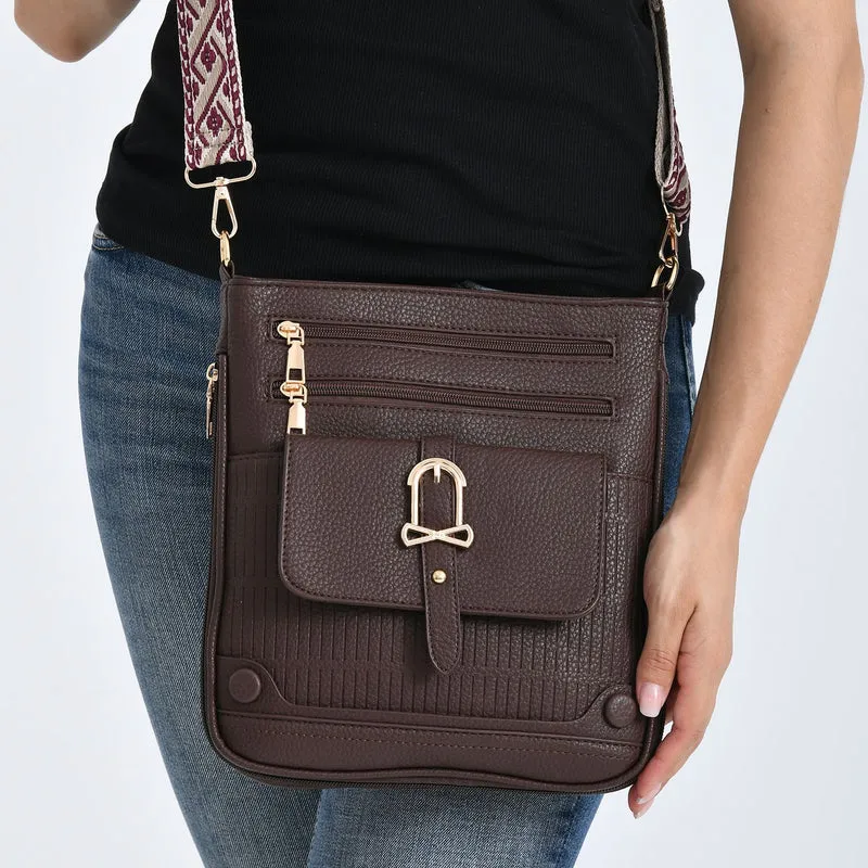 Elegante Umhängetasche aus feinem Lederimitat mit Mehrfachfächern, 24x27 cm, Cognacbraun