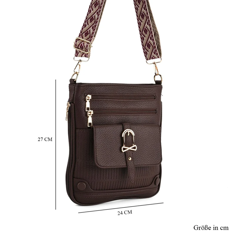 Elegante Umhängetasche aus feinem Lederimitat mit Mehrfachfächern, 24x27 cm, Cognacbraun