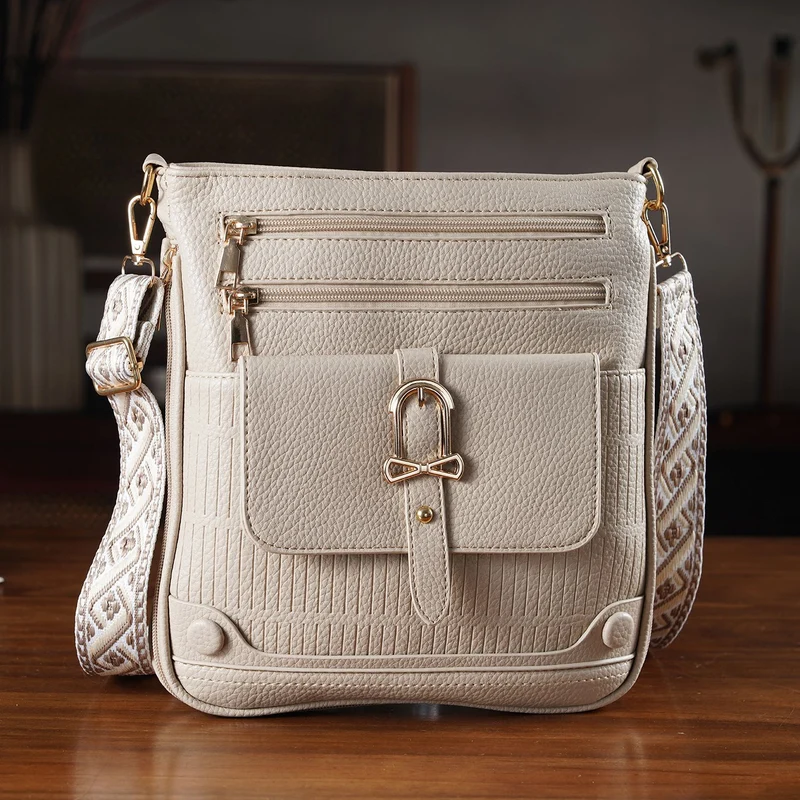 Elegante Umhängetasche aus feinem Lederimitat mit Mehrfachfächern, 24x27 cm, Cognacbraun