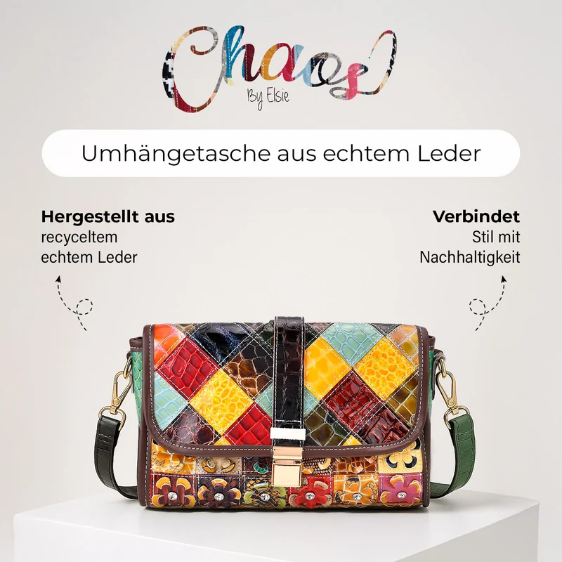 Chaos by Elsie - Crossbody-Tasche aus echtem Leder, Multicolor mit gewebtem Muster, RFID-Schutz und Mini-Taschenlampe, 28x10x18 cm