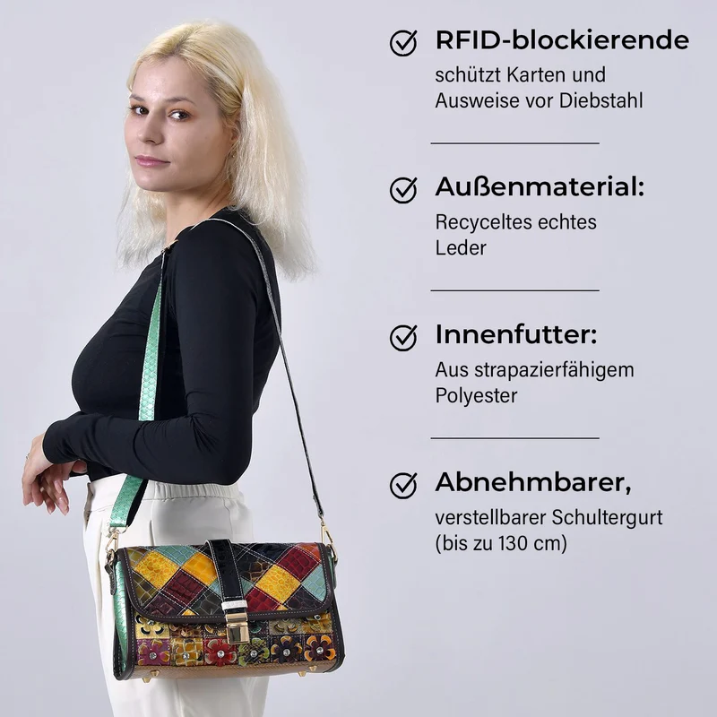 Chaos by Elsie - Crossbody-Tasche aus echtem Leder, Multicolor mit gewebtem Muster, RFID-Schutz und Mini-Taschenlampe, 28x10x18 cm