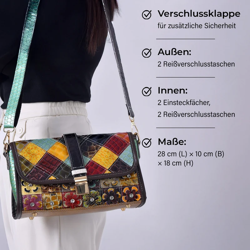Chaos by Elsie - Crossbody-Tasche aus echtem Leder, Multicolor mit gewebtem Muster, RFID-Schutz und Mini-Taschenlampe, 28x10x18 cm