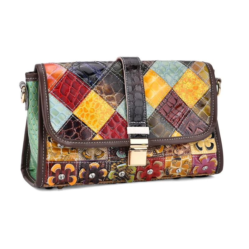 Chaos by Elsie - Crossbody-Tasche aus echtem Leder, Multicolor mit gewebtem Muster, RFID-Schutz und Mini-Taschenlampe, 28x10x18 cm