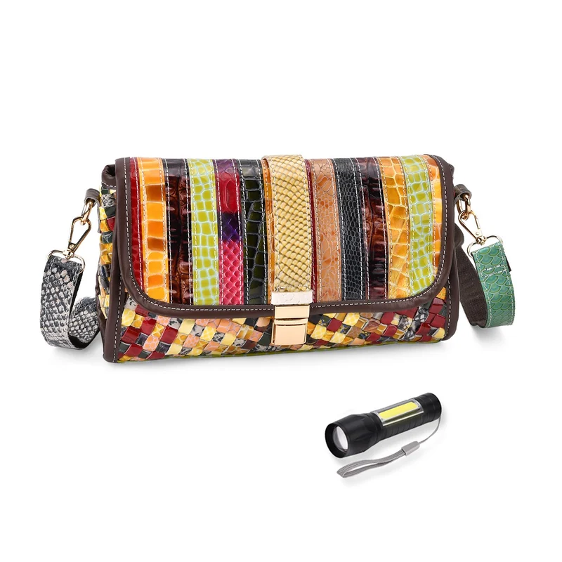 Chaos by Elsie - Crossbody-Tasche aus echtem Leder, Multicolor mit gewebtem Muster, RFID-Schutz und Mini-Taschenlampe, 28x10x18 cm