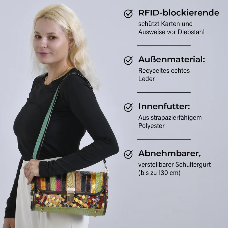 Chaos by Elsie - Crossbody-Tasche aus echtem Leder, Multicolor mit gewebtem Muster, RFID-Schutz und Mini-Taschenlampe, 28x10x18 cm