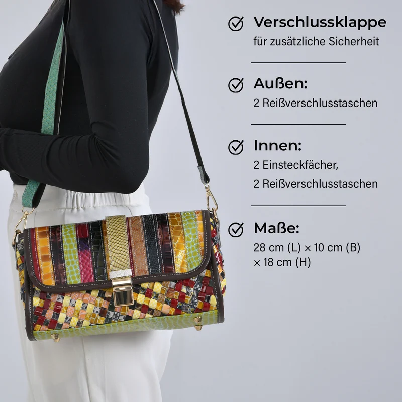 Chaos by Elsie - Crossbody-Tasche aus echtem Leder, Multicolor mit gewebtem Muster, RFID-Schutz und Mini-Taschenlampe, 28x10x18 cm