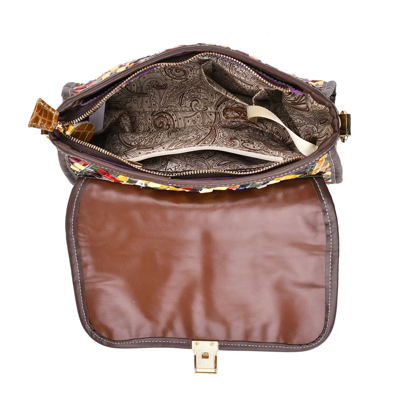 Chaos by Elsie - Crossbody-Tasche aus echtem Leder, Multicolor mit gewebtem Muster, RFID-Schutz und Mini-Taschenlampe, 28x10x18 cm