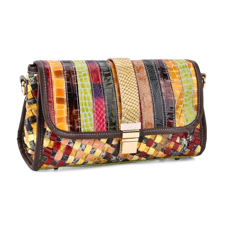 Chaos by Elsie - Crossbody-Tasche aus echtem Leder, Multicolor mit gewebtem Muster, RFID-Schutz und Mini-Taschenlampe, 28x10x18 cm
