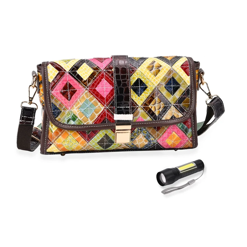 Chaos by Elsie - Crossbody-Tasche aus echtem Leder, Multicolor mit gewebtem Muster, RFID-Schutz und Mini-Taschenlampe, 28x10x18 cm