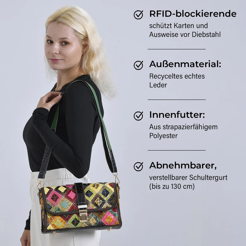 Chaos by Elsie - Crossbody-Tasche aus echtem Leder, Multicolor mit gewebtem Muster, RFID-Schutz und Mini-Taschenlampe, 28x10x18 cm
