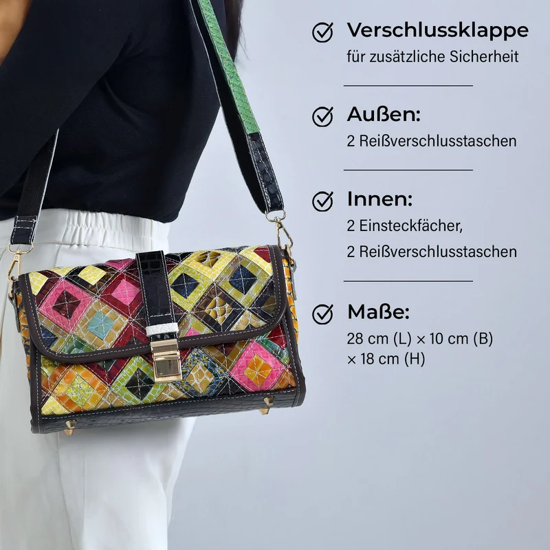 Chaos by Elsie - Crossbody-Tasche aus echtem Leder, Multicolor mit gewebtem Muster, RFID-Schutz und Mini-Taschenlampe, 28x10x18 cm