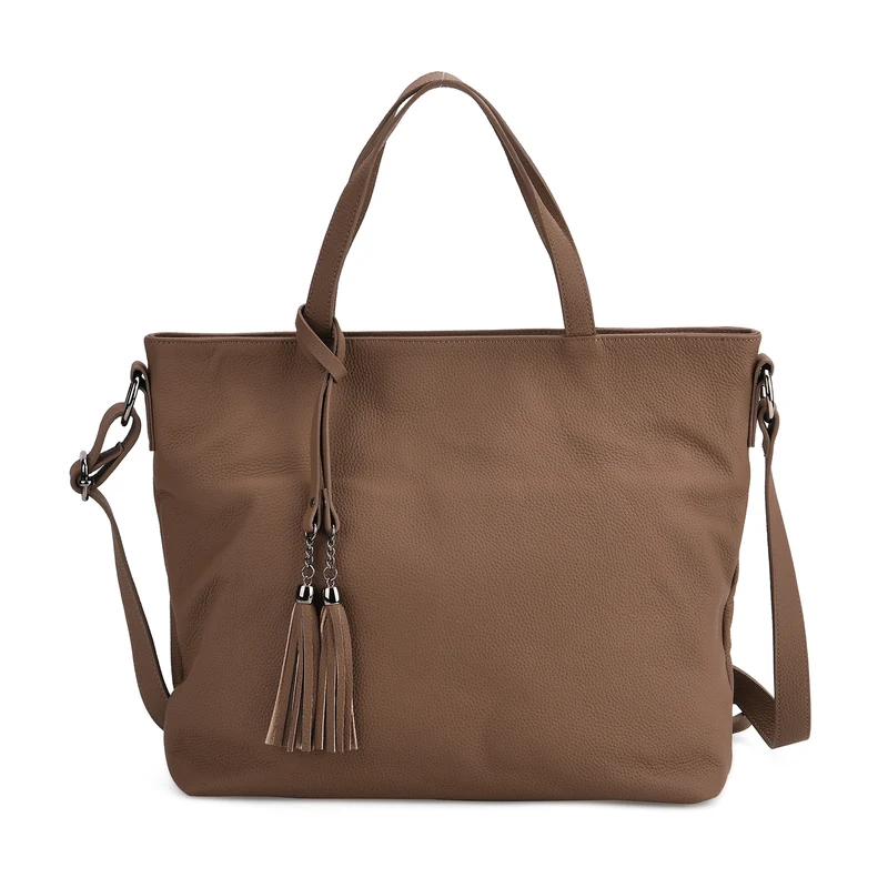 Echtleder-Tote-Bag mit Reißverschlussfach hinten, Doppeltragegriff und Schulterriemen, 35x10x33 cm, Braun