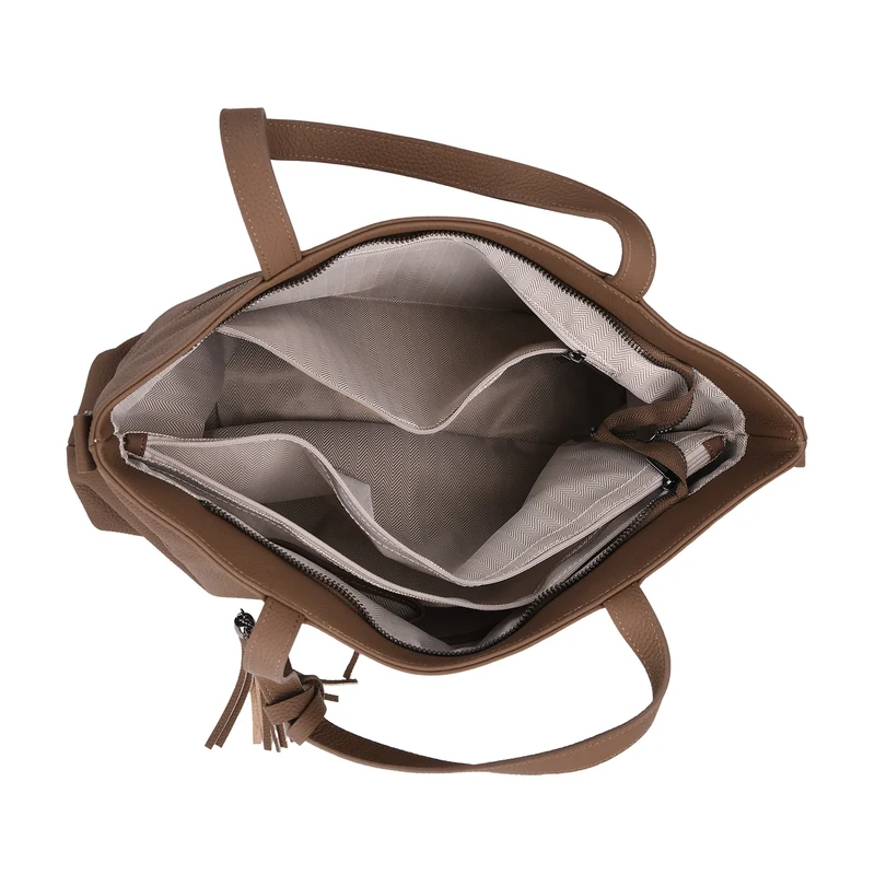 Echtleder-Tote-Bag mit Reißverschlussfach hinten, Doppeltragegriff und Schulterriemen, 35x10x33 cm, Braun