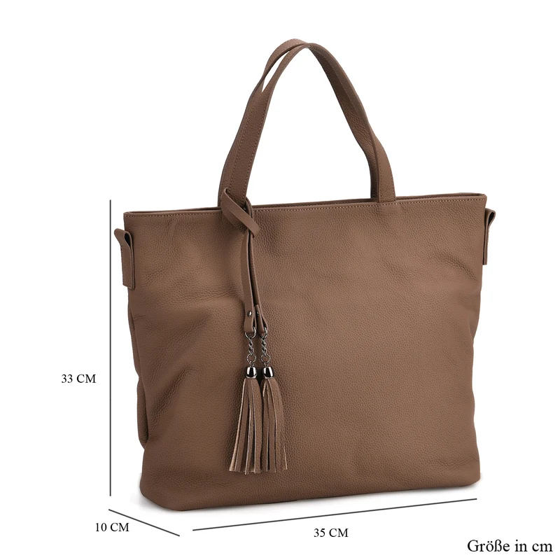 Echtleder-Tote-Bag mit Reißverschlussfach hinten, Doppeltragegriff und Schulterriemen, 35x10x33 cm, Braun