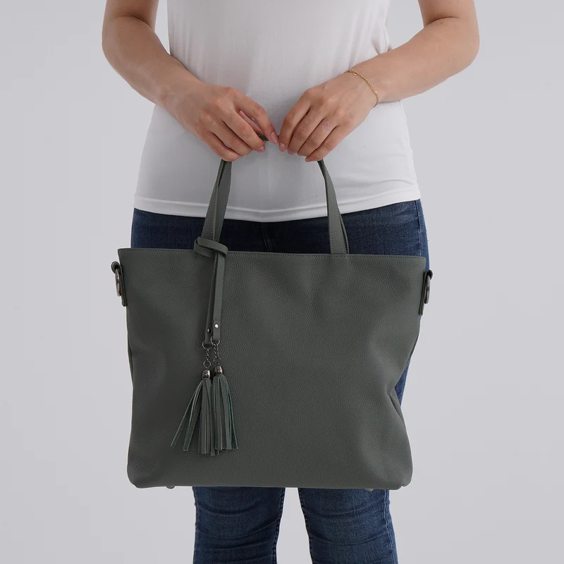 Echtleder-Tote-Bag mit Reißverschlussfach hinten, Doppeltragegriff und Schulterriemen, 35x10x33 cm, Braun