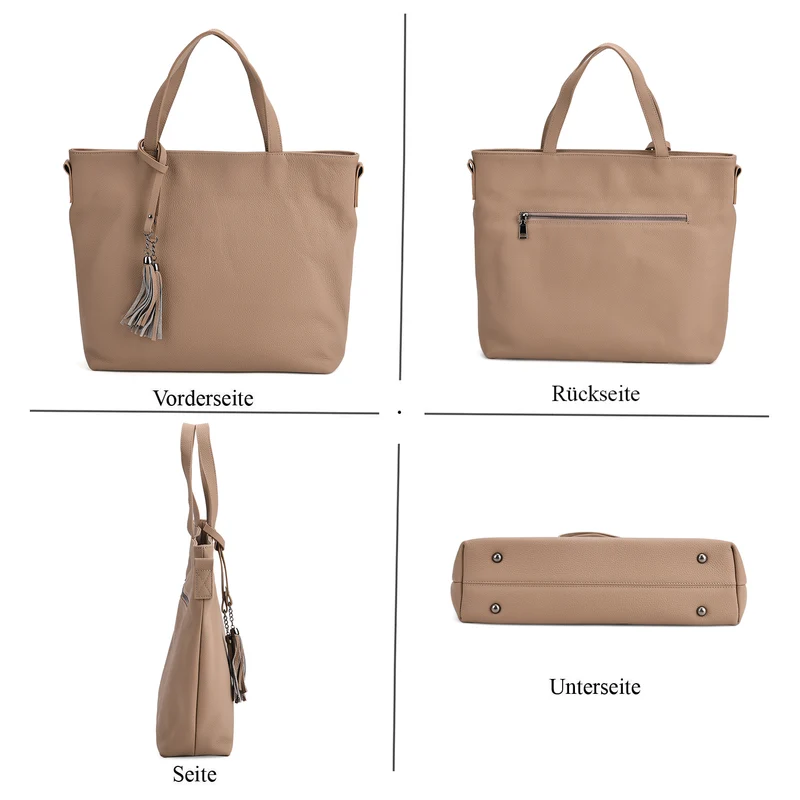 Echtleder-Tote-Bag mit Reißverschlussfach hinten, Doppeltragegriff und Schulterriemen, 35x10x33 cm, Braun