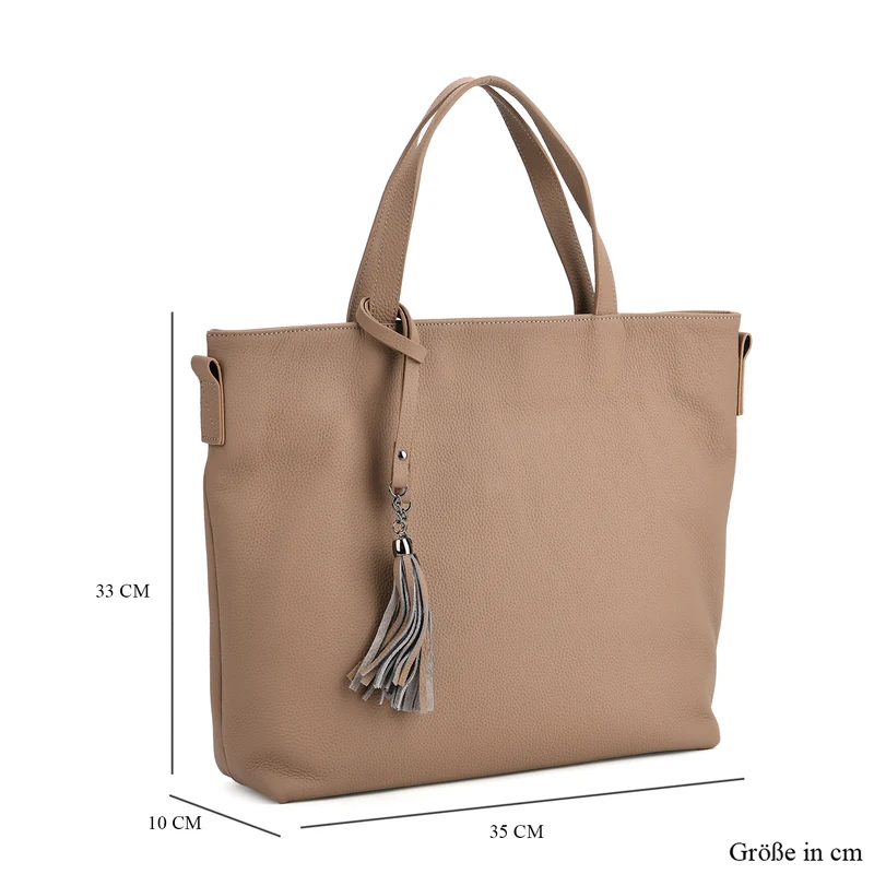 Echtleder-Tote-Bag mit Reißverschlussfach hinten, Doppeltragegriff und Schulterriemen, 35x10x33 cm, Braun