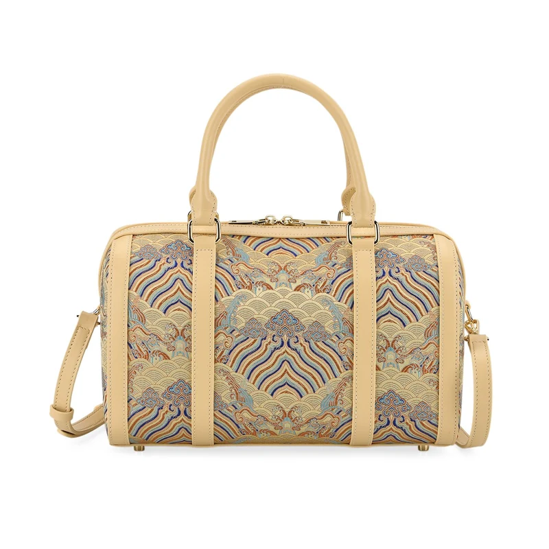LA MAREY Signature - Seiden-Brokat Tasche mit Leder, 30x18x15 cm, Gelb