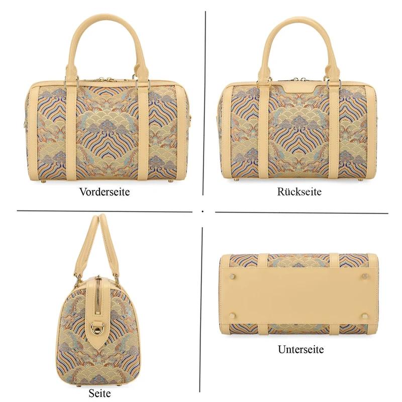 LA MAREY Signature - Seiden-Brokat Tasche mit Leder, 30x18x15 cm, Gelb