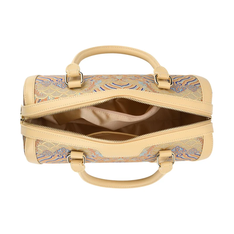 LA MAREY Signature - Seiden-Brokat Tasche mit Leder, 30x18x15 cm, Gelb
