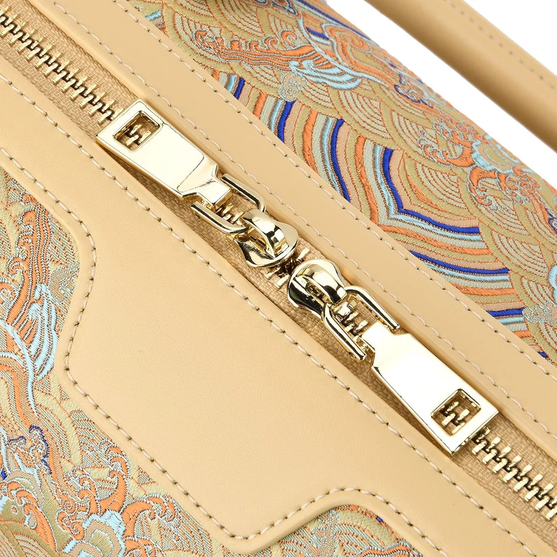 LA MAREY Signature - Seiden-Brokat Tasche mit Leder, 30x18x15 cm, Gelb