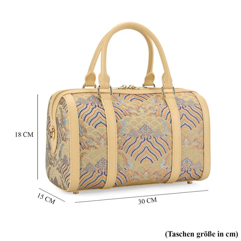 LA MAREY Signature - Seiden-Brokat Tasche mit Leder, 30x18x15 cm, Gelb