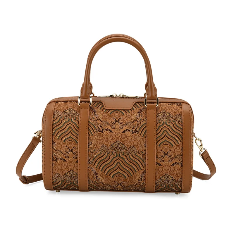 LA MAREY Signature - Seiden-Brokat Tasche mit Leder, 30x18x15 cm, Gelb