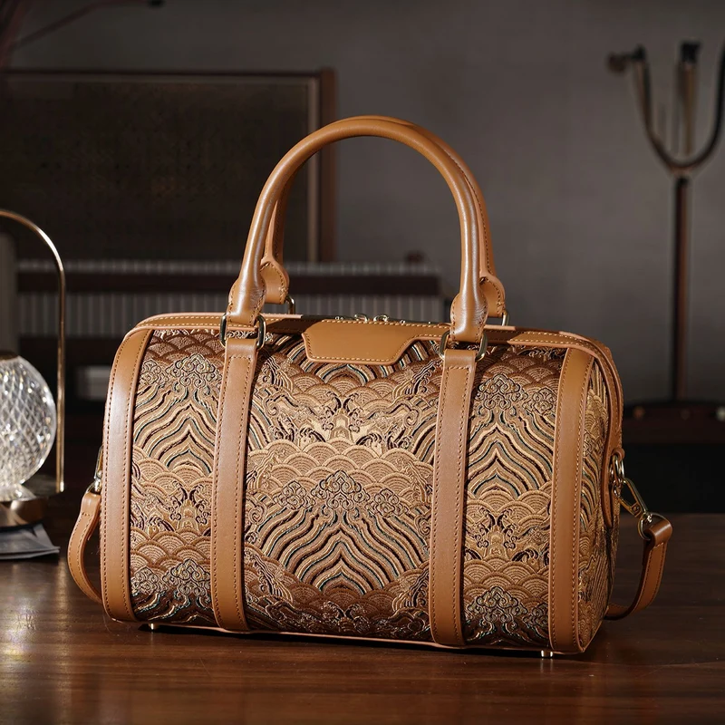LA MAREY Signature - Seiden-Brokat Tasche mit Leder, 30x18x15 cm, Gelb