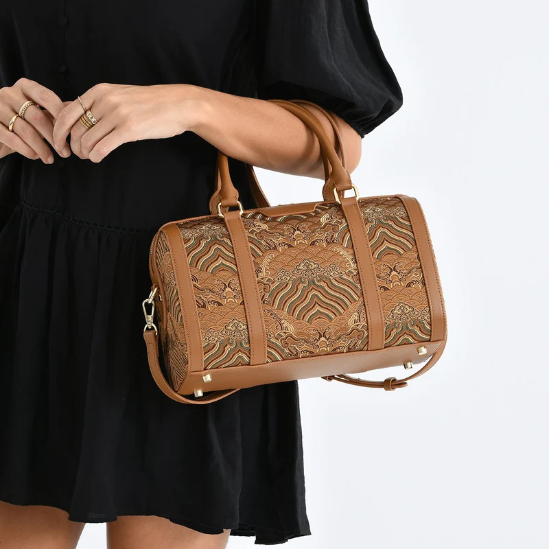 LA MAREY Signature - Seiden-Brokat Tasche mit Leder, 30x18x15 cm, Gelb