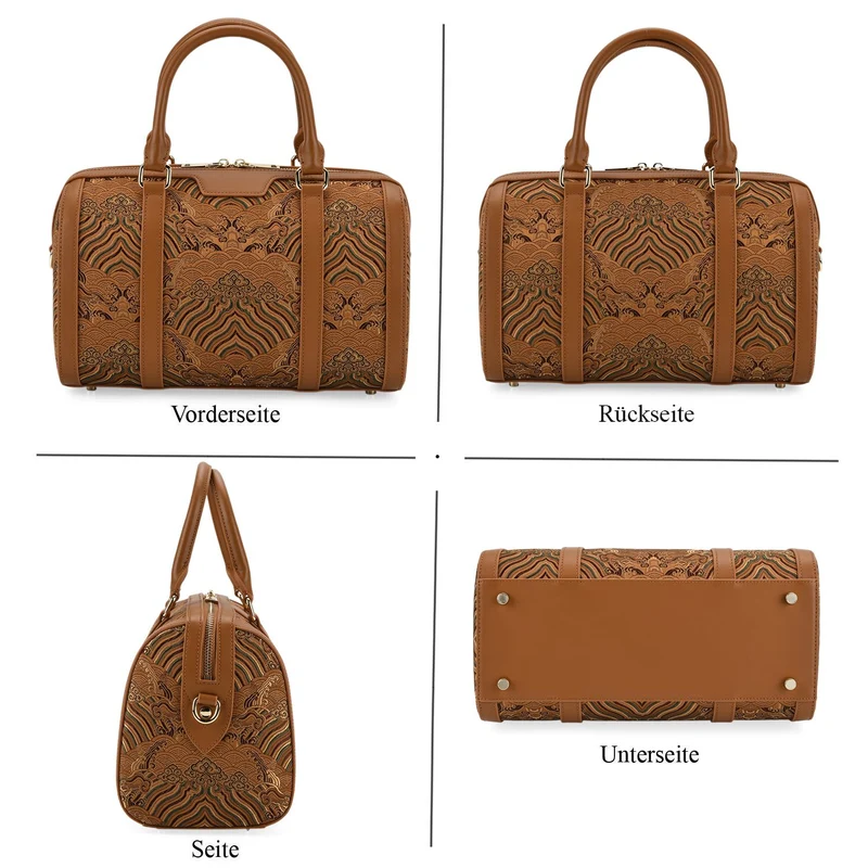 LA MAREY Signature - Seiden-Brokat Tasche mit Leder, 30x18x15 cm, Gelb