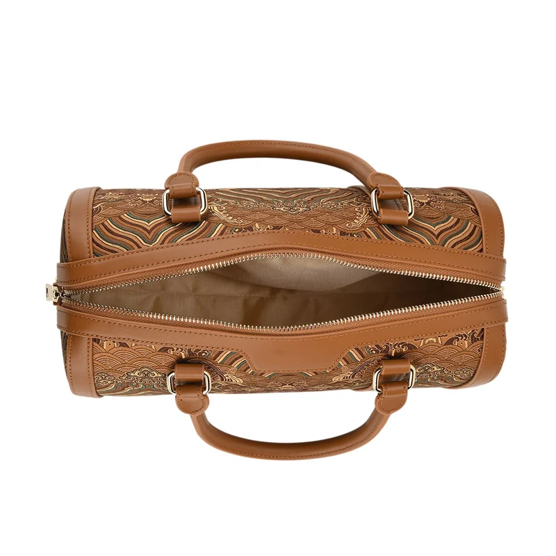 LA MAREY Signature - Seiden-Brokat Tasche mit Leder, 30x18x15 cm, Gelb