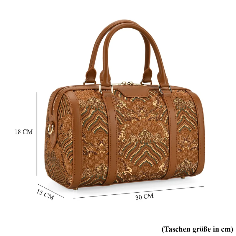 LA MAREY Signature - Seiden-Brokat Tasche mit Leder, 30x18x15 cm, Gelb
