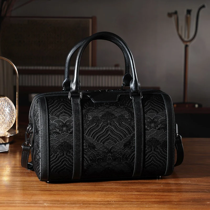 LA MAREY Signature - Seiden-Brokat Tasche mit Leder, 30x18x15 cm, Gelb