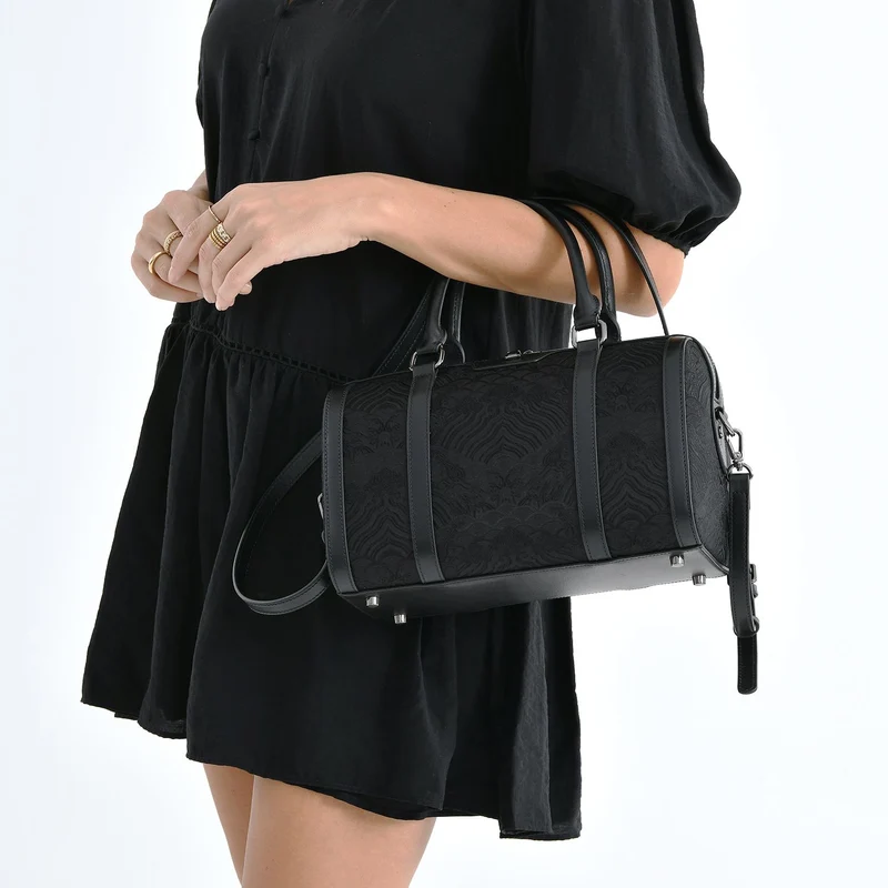 LA MAREY Signature - Seiden-Brokat Tasche mit Leder, 30x18x15 cm, Gelb