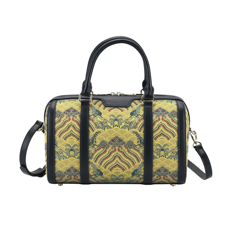 LA MAREY Signature - Seiden-Brokat Tasche mit Leder, 30x18x15 cm, Gelb