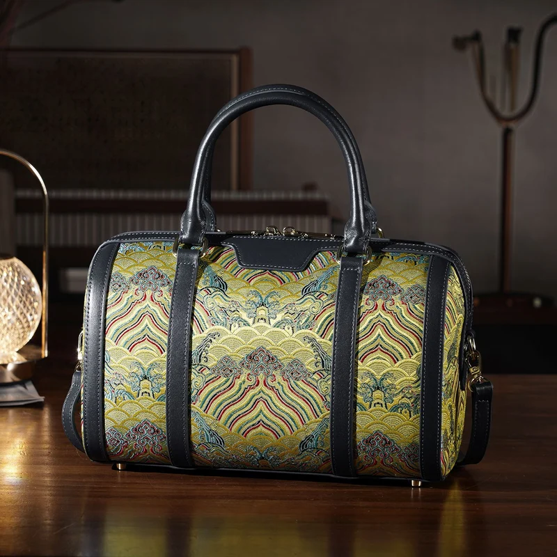 LA MAREY Signature - Seiden-Brokat Tasche mit Leder, 30x18x15 cm, Gelb
