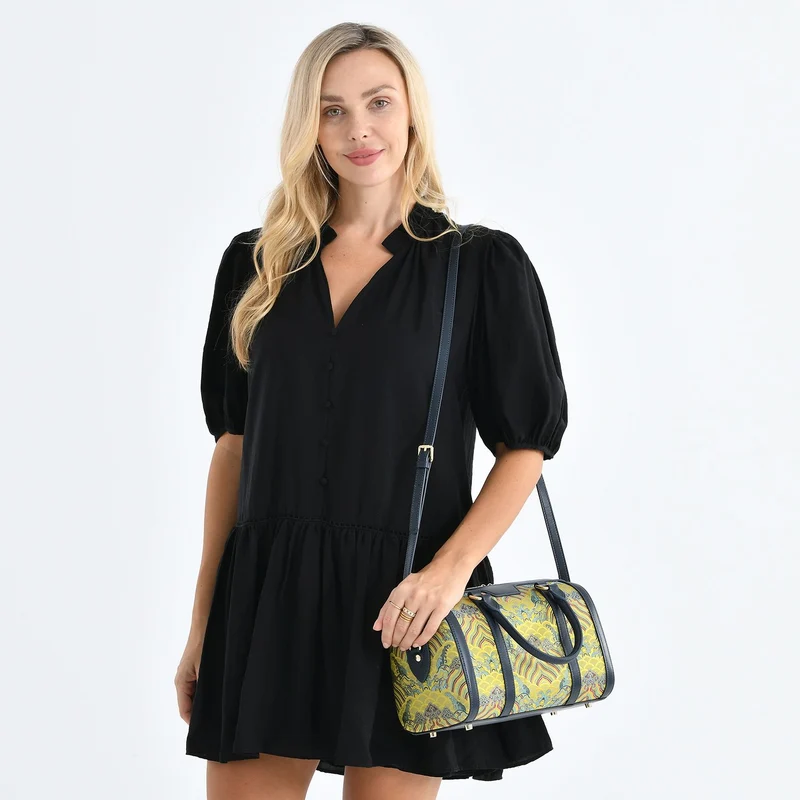 LA MAREY Signature - Seiden-Brokat Tasche mit Leder, 30x18x15 cm, Gelb