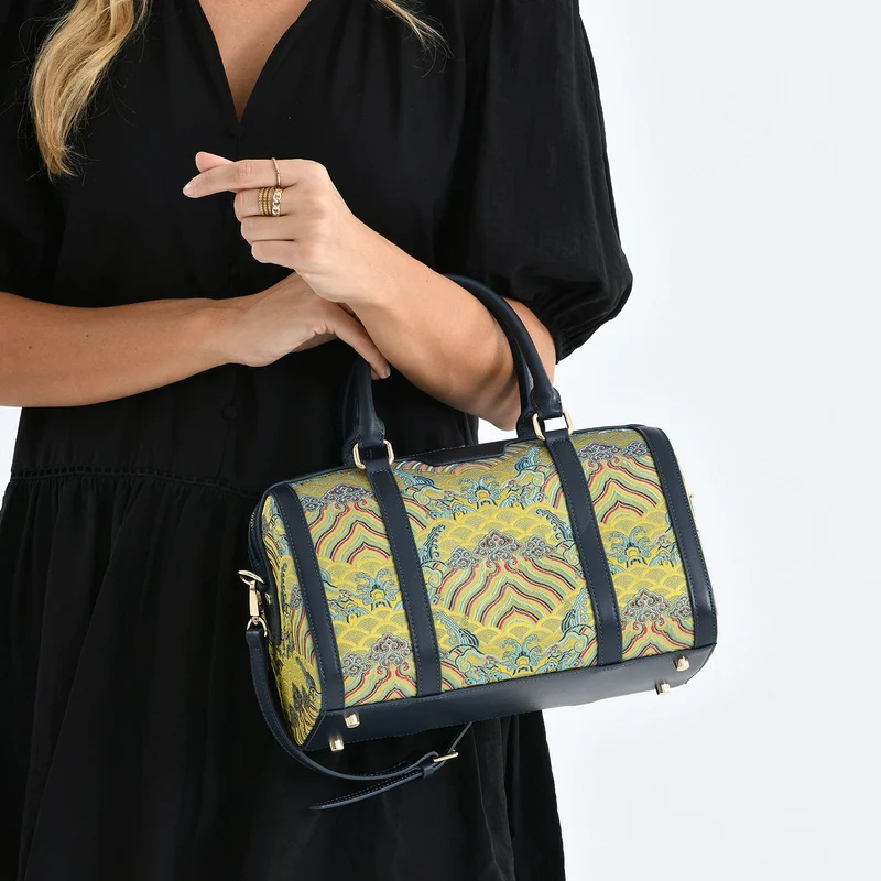 LA MAREY Signature - Seiden-Brokat Tasche mit Leder, 30x18x15 cm, Gelb
